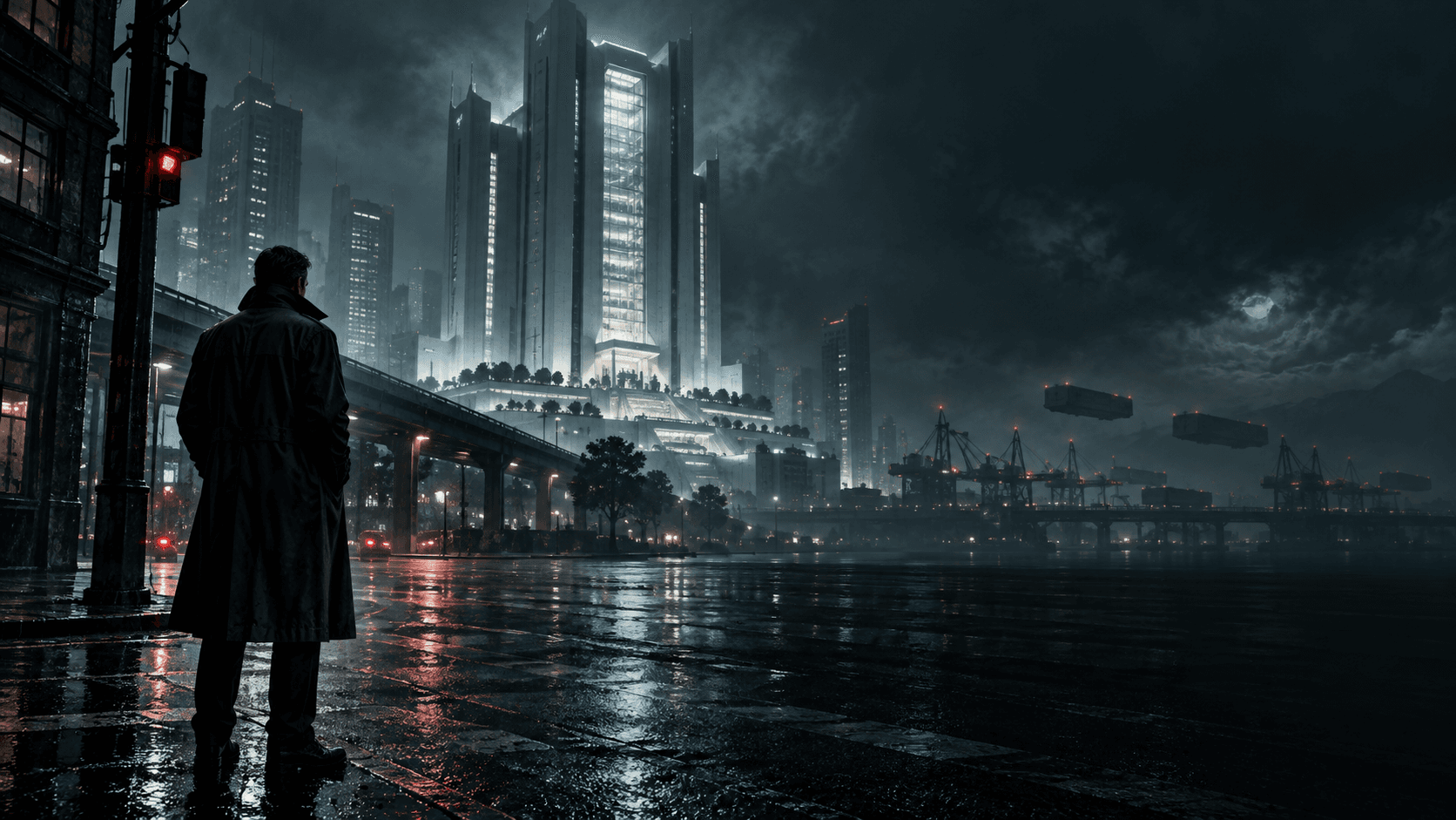 Concept illustration of a detective watching a futuristic medical tower