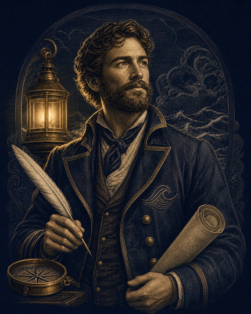 First Mate character holding a quill beside a lantern